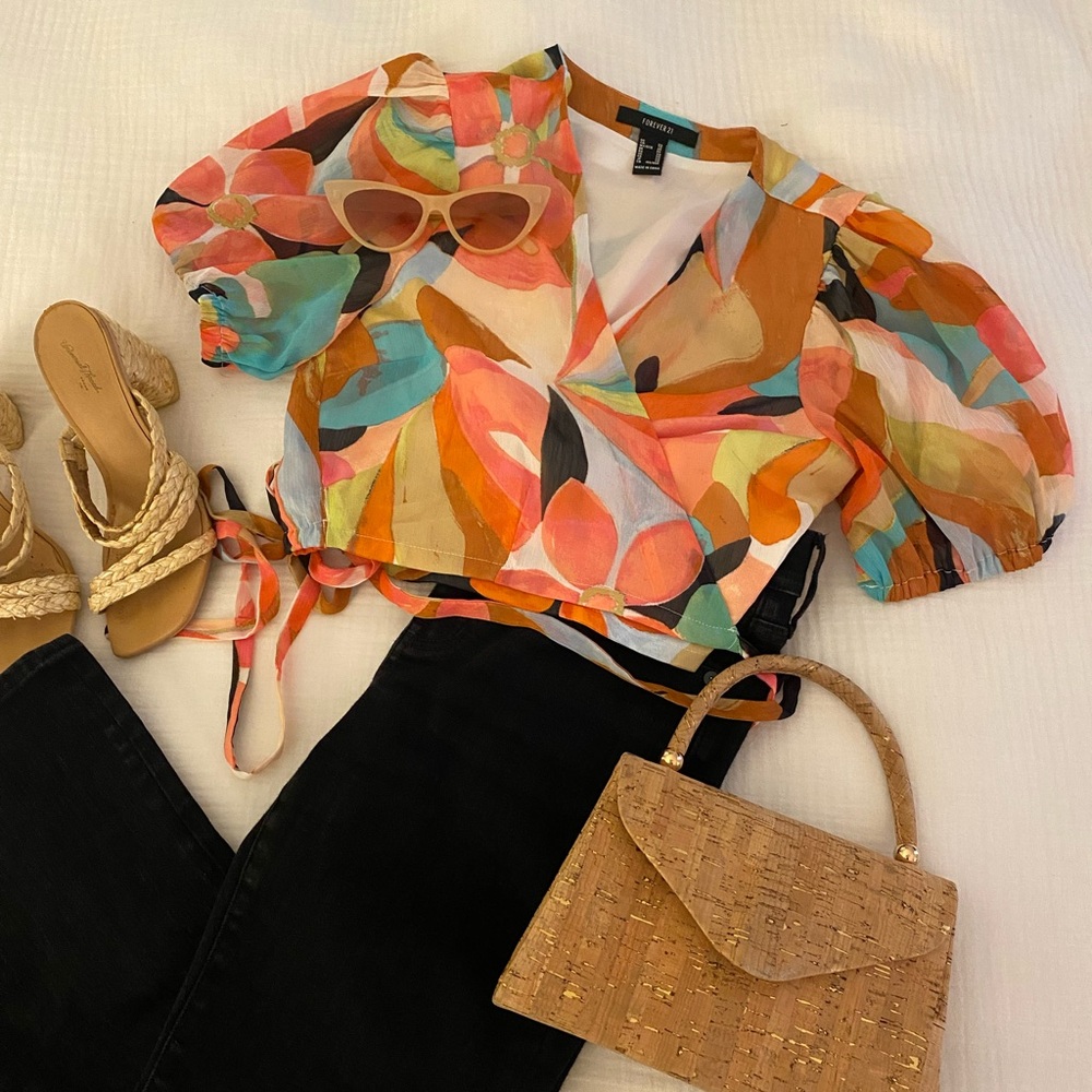 Forever 21 Multicolor Abstract Blouse with Tie